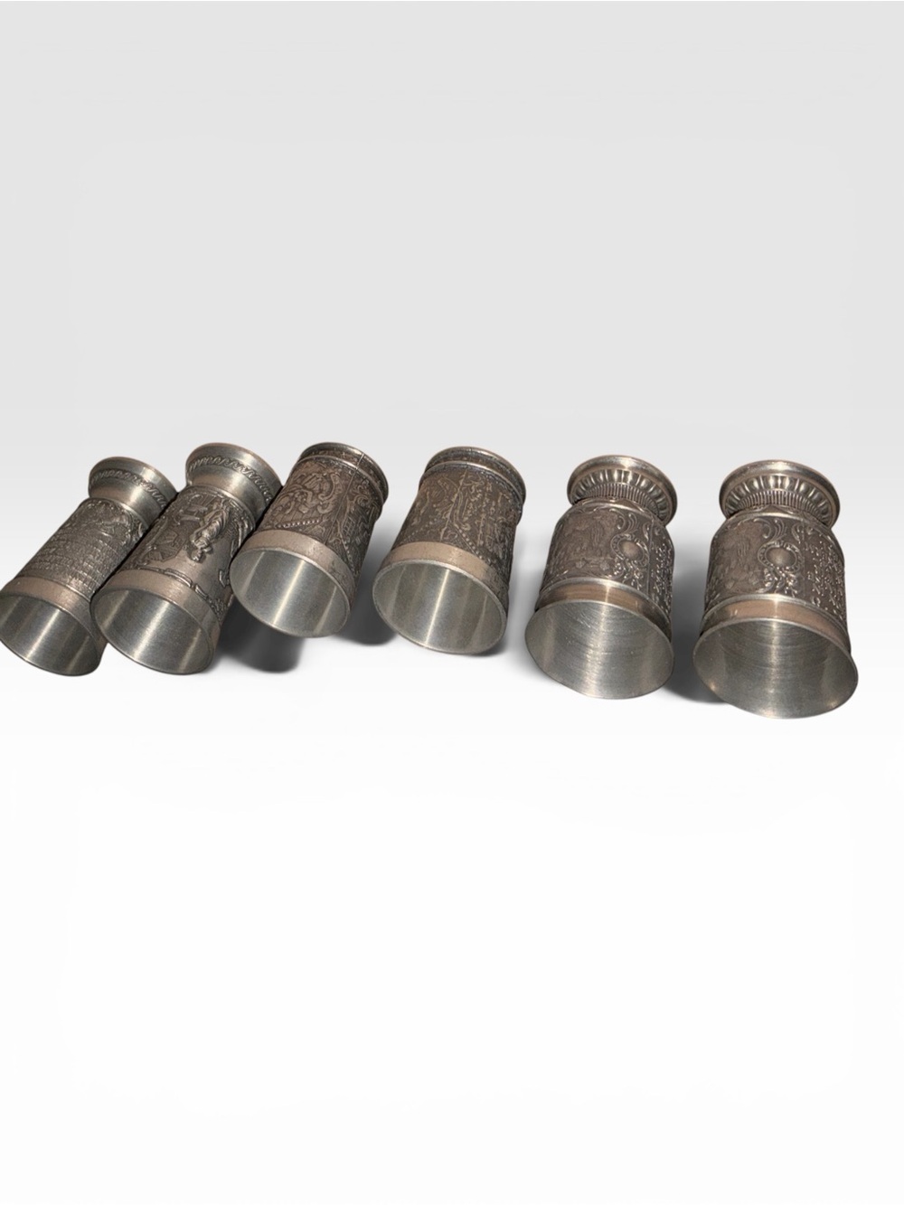 Vintage Pewter Shot Glasses Set of 6 Relief Scene Cups Zinn Wine Tasting Barware - Picture 4 of 13